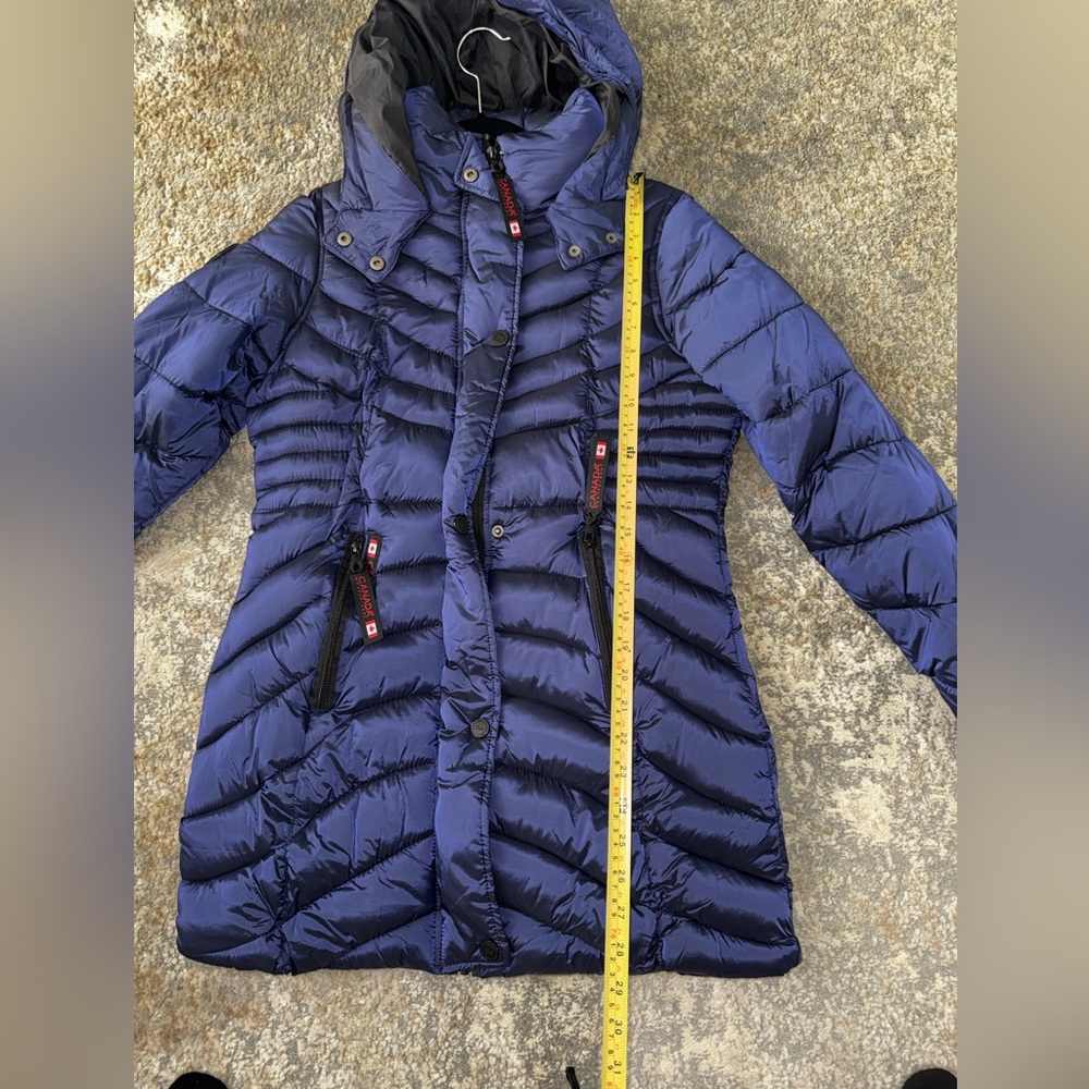 Canada Weathergear Blue Hooded Collared Long Puffer Jacket Full Zip Button S - Picture 8 of 10